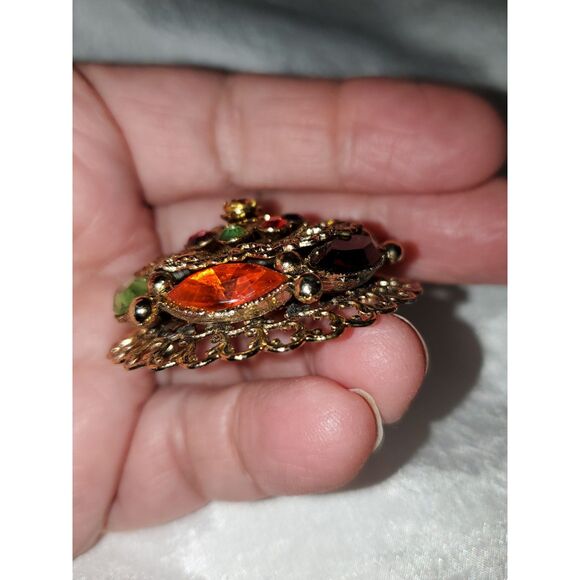A Vintage Rhinestone Brooch Pin Gold Tone Filigree Boho Domed Artistic As-Is - Picture 4 of 12